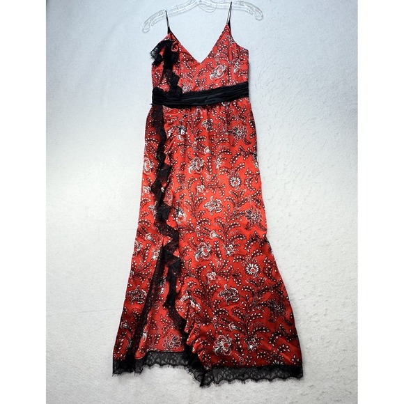 Cinq A Sept Womens Silk Floral Lace Trim Midi Dress Red Black Size XS 0 Elegant - Picture 2 of 14